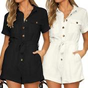 Button Down Cuffed Short Sleeve Casual Boho Playsuit Jumpsuit