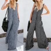 Ladies Striped Romper Playsuits Sleeveless V Neck Baggy Trousers Jumpsuits