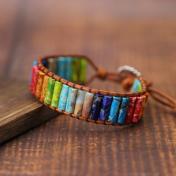 Multi Color Natural Stone Tube Beads Leather Wrap Chakra Bracelet