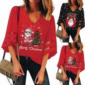 Christmas Print Womens V-Neck Mesh Top Trumpet Shirt