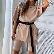 Casual Solid Two Piece Loose Tracksuit with Belt