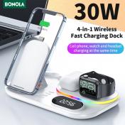 4 In 1 Foldable Wireless Charger Stand Dock With RGB Atmosphere LED Digital Clock