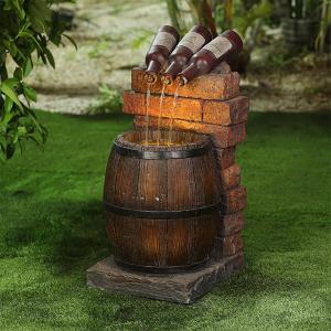 Resin Wine Bottle And Barrel Outdoor Water Fountain Sculpture