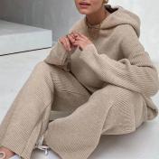 Autumn Knitted Long Sleeve Hoodie+wide-legged Suit