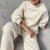 Autumn Knitted Long Sleeve Hoodie+wide-legged Suit