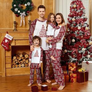 Christmas Letter Print Top and Striped Pants Pajamas Sets