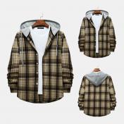 Men's Loose Fit Hooded Flannel Long Sleeve Plaid Shirt