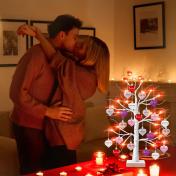 Valentines Day Decor Lighted Birch Tree with Heart-Shaped Ornaments