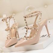 Womens Studded Shoes Pointed Toe Ankle Strappy Pumps High Heels Rivet Sandals