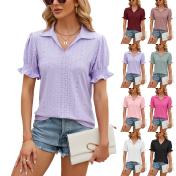 Solid Color V Neck Hollowed Out Button Bubble Top