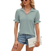 Solid Color V Neck Hollowed Out Button Bubble Top