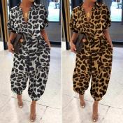 Women Playsuits Plus Size Leopard Print Lapel Slim Long Button Rompers