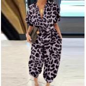 Women Playsuits Plus Size Leopard Print Lapel Slim Long Button Rompers