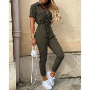 Womens Short Sleeves Stripes Cargo Jumpsuit Casual Print Pocket Playsuit Rompers