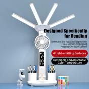 Multifunction 3 Color LED Table Lamp Four Headed Folding With Fan Clock Desk Lamp