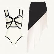 Black and White Bow-tie Decor One Piece Swimsuit and Skirt