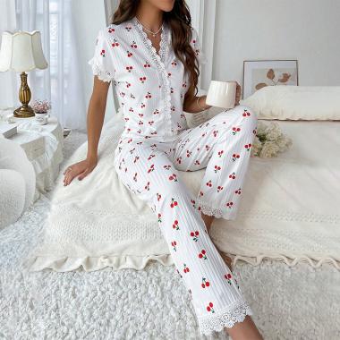 V-neck Lace Cherry Print Short Sleeved Pants Set For Home Wear