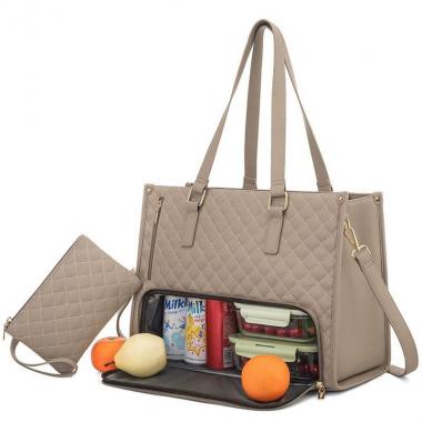 Quilted PU Leather Computer Tote Bag With Insulation Compartment