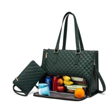 Quilted PU Leather Computer Tote Bag With Insulation Compartment