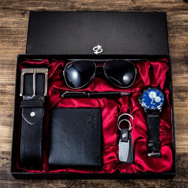 6pcs Men's Gift Set Box With Belt Wallet Watch Glasses Keychain Ballpoint Pen