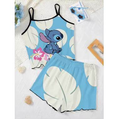 Stitch Printed Camisole Shorts Summer Sleepwear Set For Women