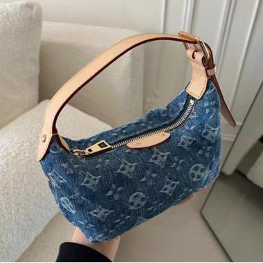 Washed Denim Printed Denim Fabric With Adjustable Leather Handbag