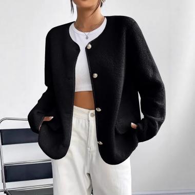 Women's Round Neck Metal Button Decorative Plush Jacket