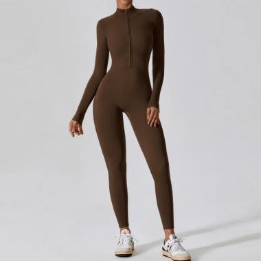 Half Zip Tight Solid Color High Elasticity Yoga Suit Jumpsuit