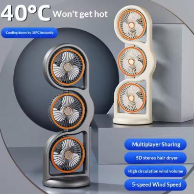 USB Charging 3-Head 360° Circulation Portable Desktop Fan