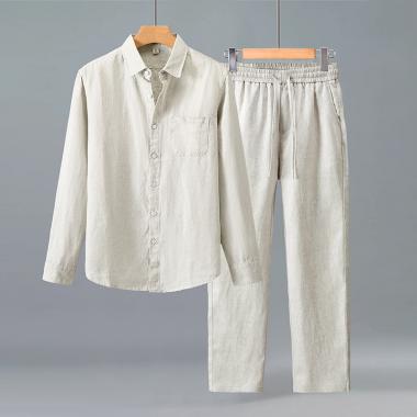 Men's 100% Linen Long Sleeved Shirt Pants Casual Set
